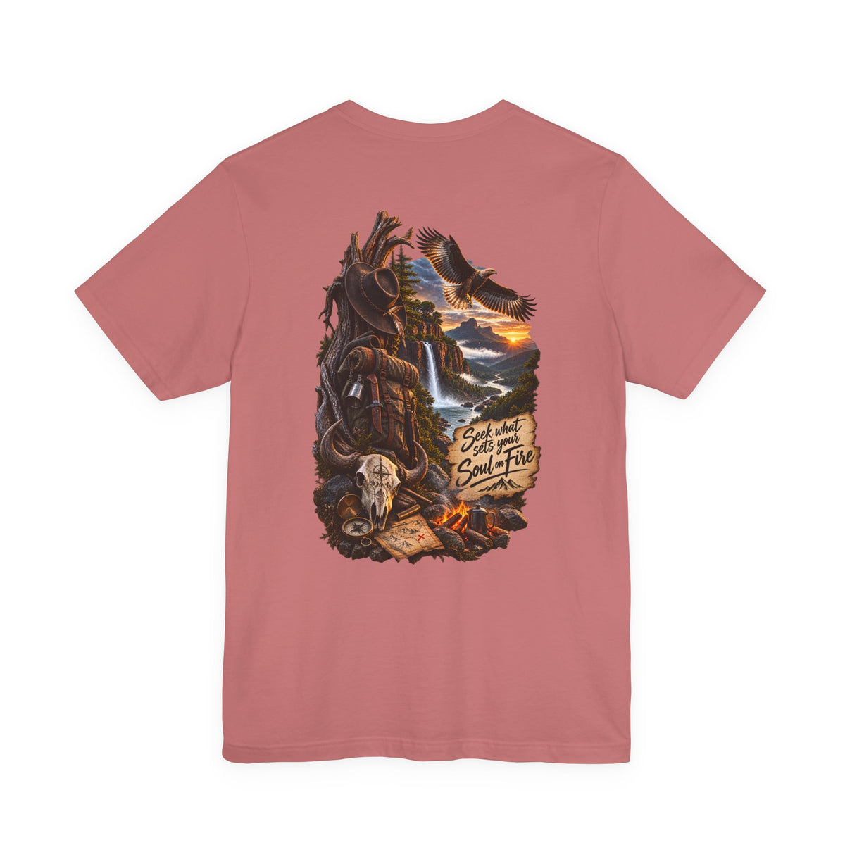 Western Wilderness T‑Shirt — “Seek the Sun, Find the Fire” Scenic Eagle & Skull Tee
