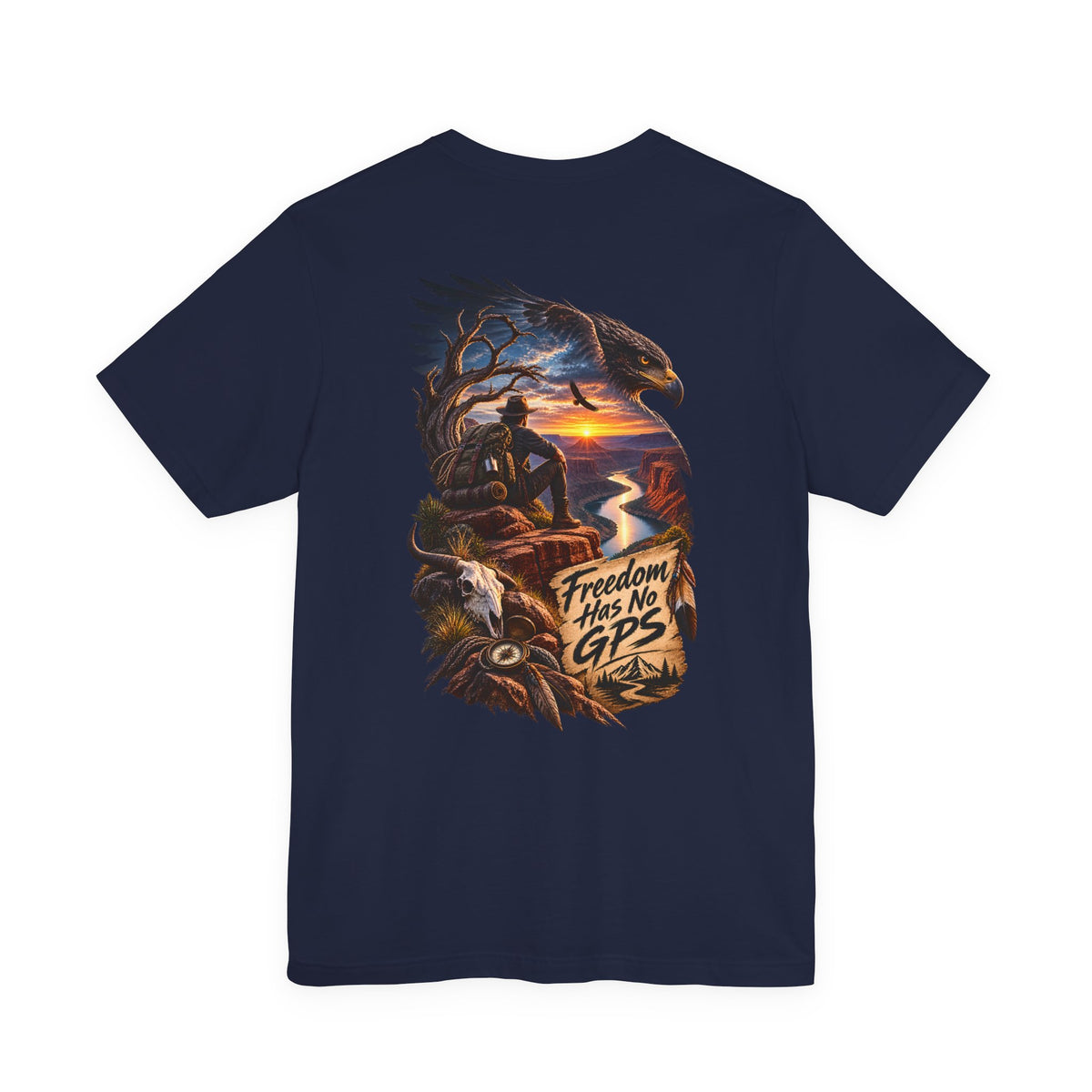 Freedom Has No GPS T‑Shirt — Patriotic Eagle Sunset Vintage Tee