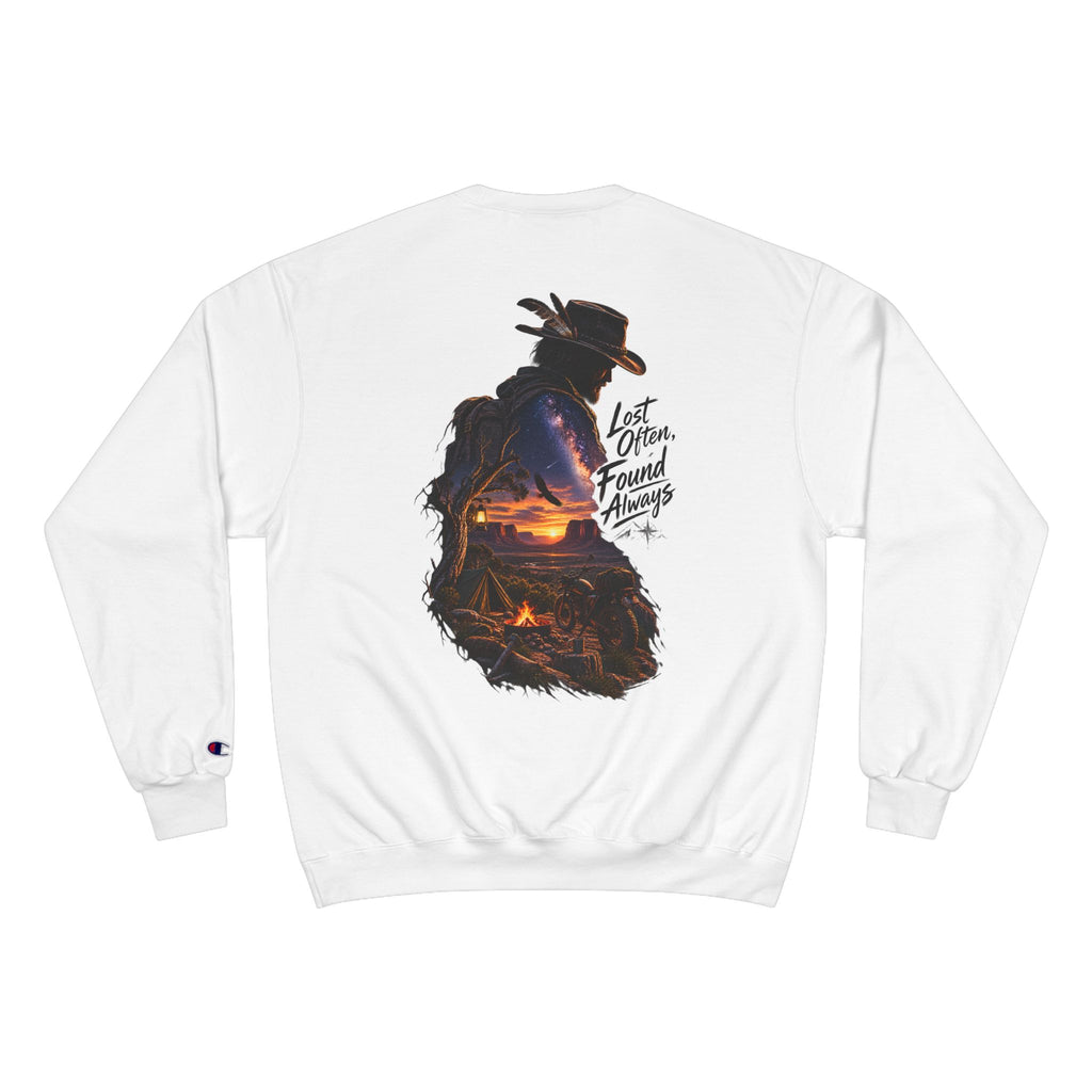 Adventure Champion Sweatshirt — 'Lost Often, Found Always' Mountain Graphic Crewneck