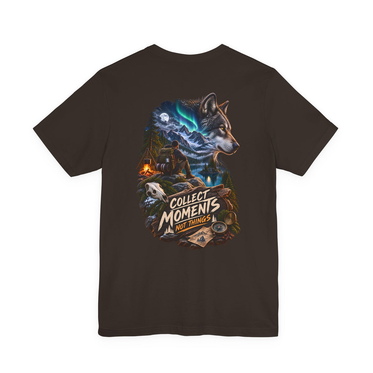 Wolf Graphic Tee – "Collect Moments Not Things" Adventure T-Shirt