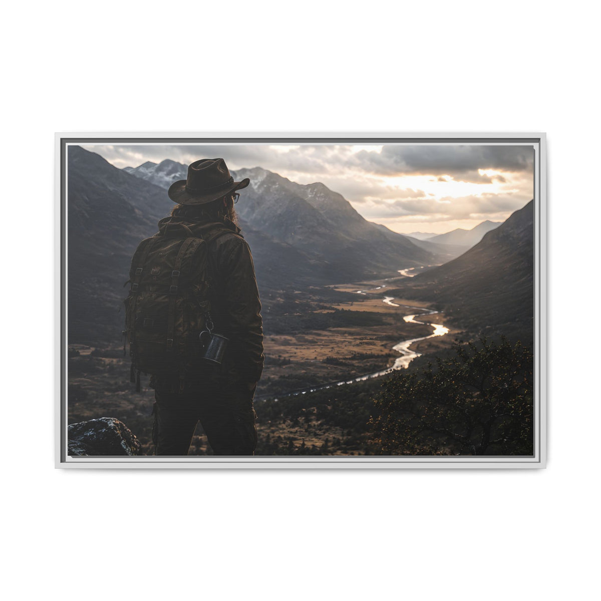 Wanderer in the Valley Matte Framed Canvas – Adventure Landscape Wall Art