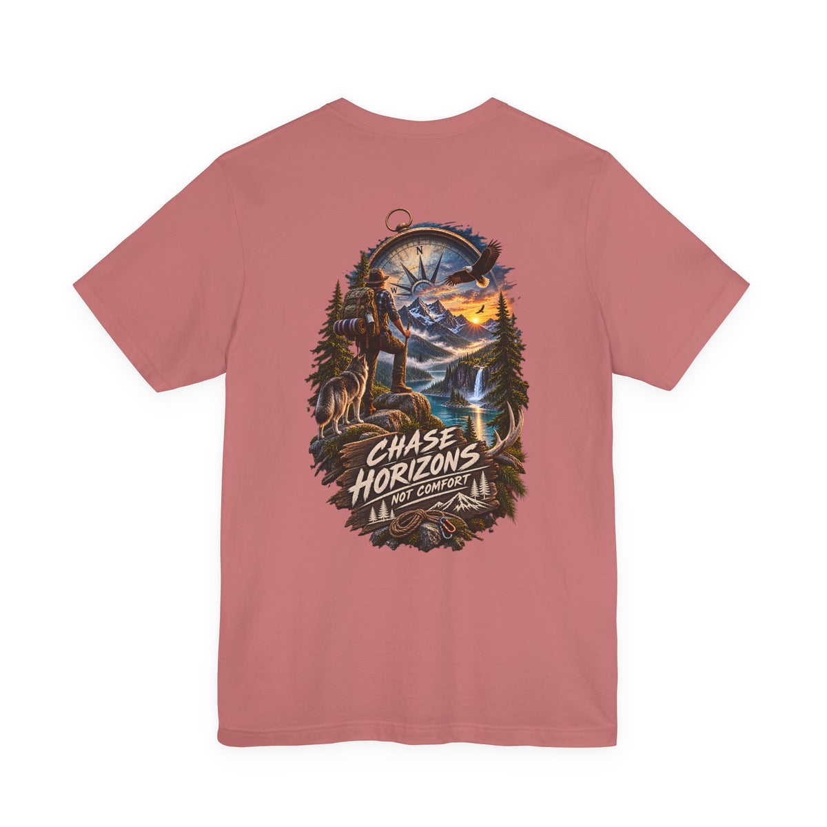 Chase Horizons Adventure T-Shirt — Scenic Back Graphic with 'Chase Horizons, Not Comfort'