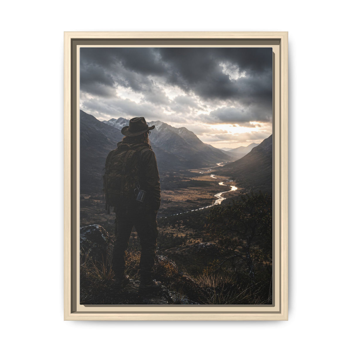 Wanderer in the Valley Matte Framed Canvas – Adventure Landscape Wall Art