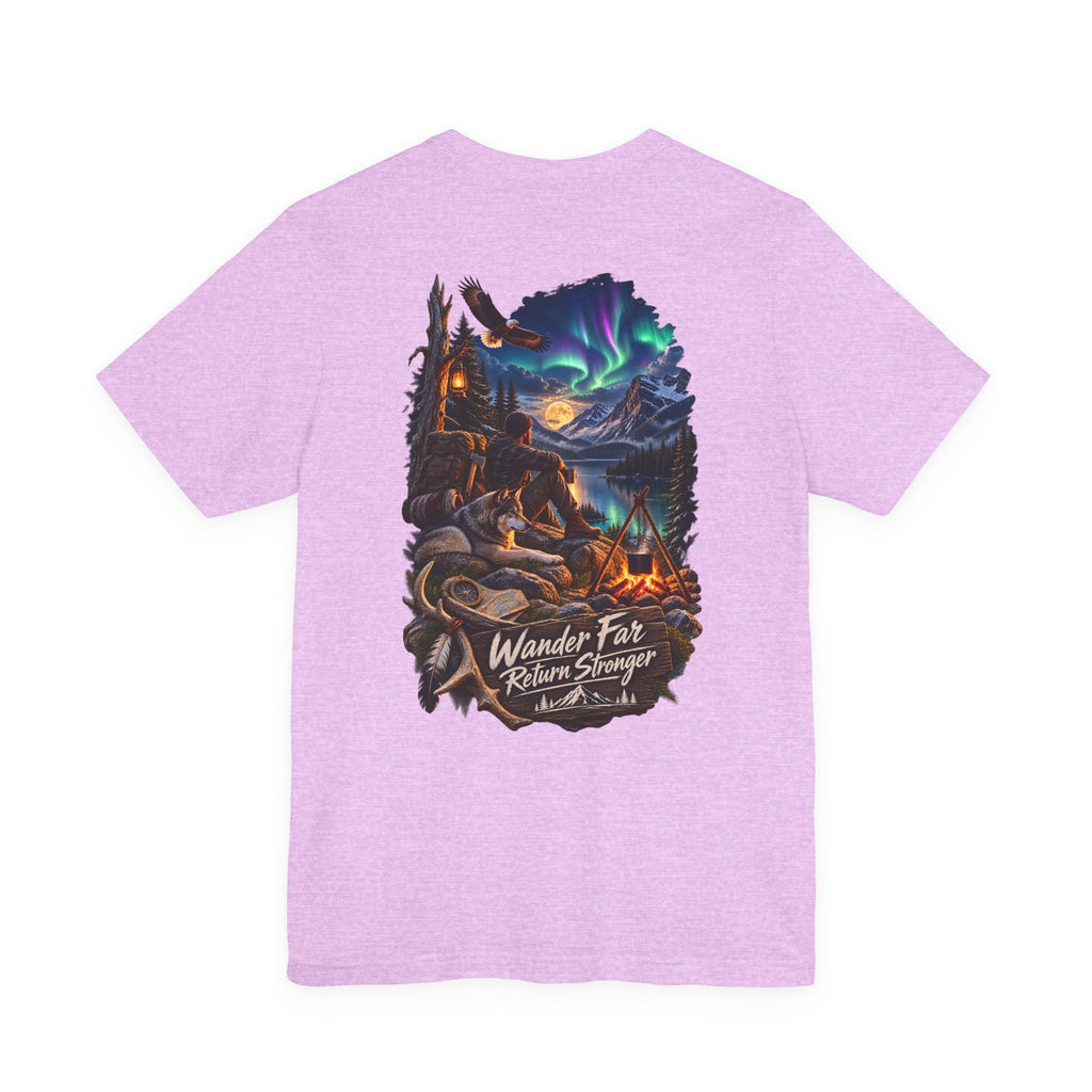 T-shirt de camp Wander Far, Return Stronger — T-shirt d'aventure aurores boréales