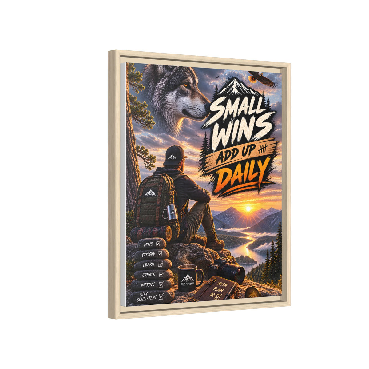 Small Wins Add Up Daily Framed Canvas Wall Art — Motivational Hiking Print