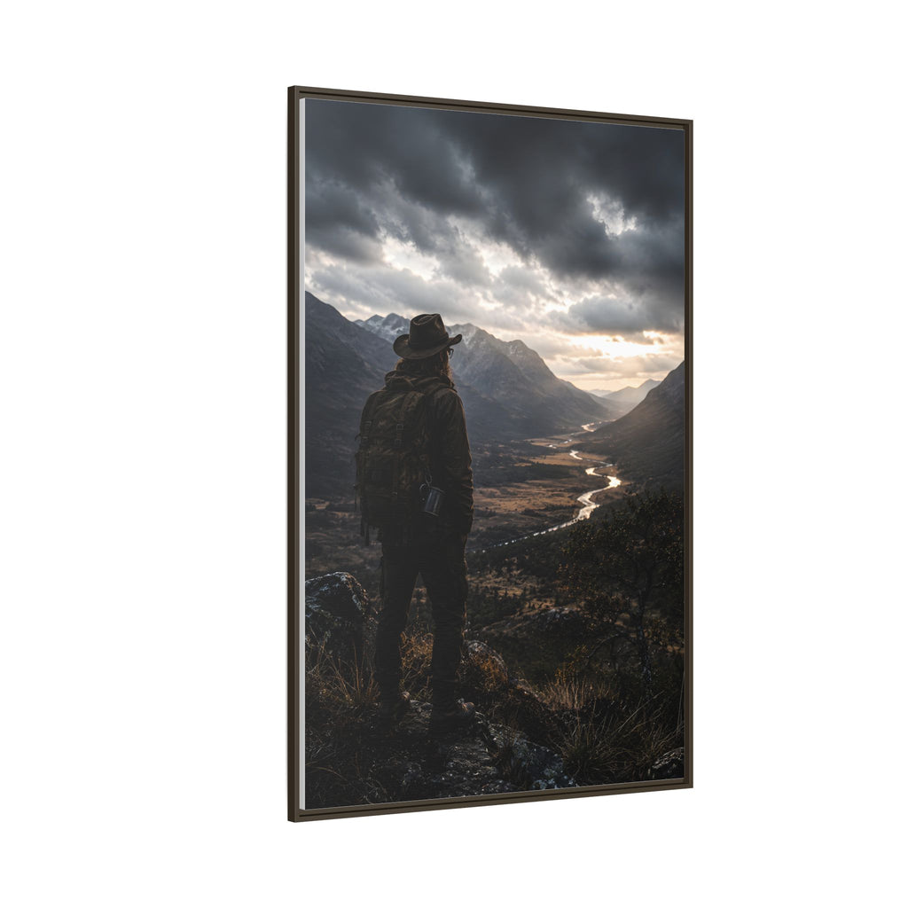 Wanderer in the Valley Matte Framed Canvas – Adventure Landscape Wall Art