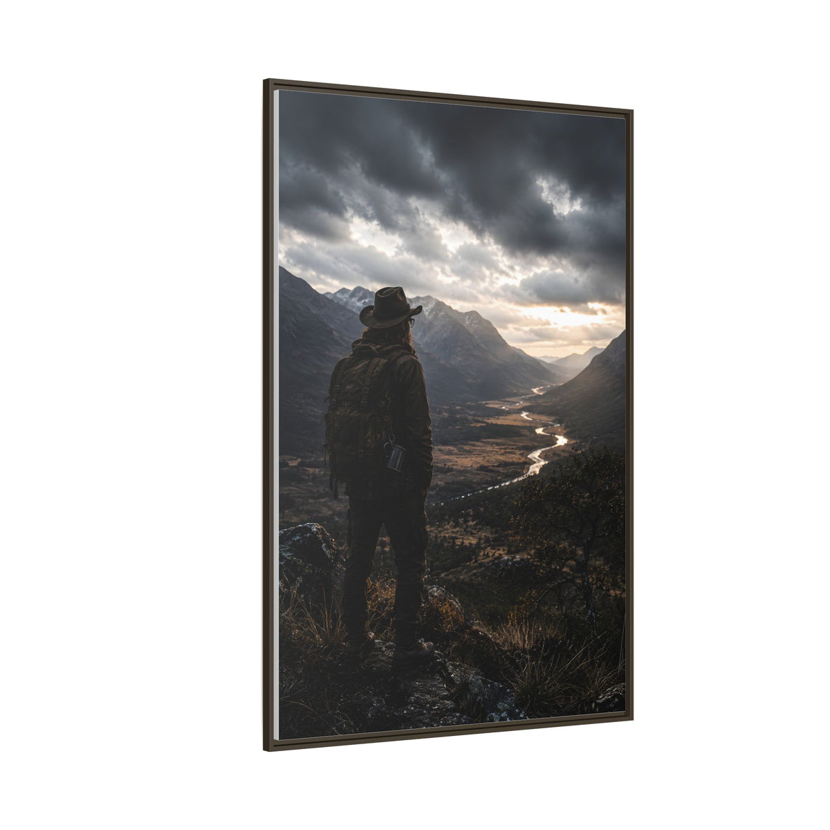 Wanderer in the Valley Matte Framed Canvas – Adventure Landscape Wall Art