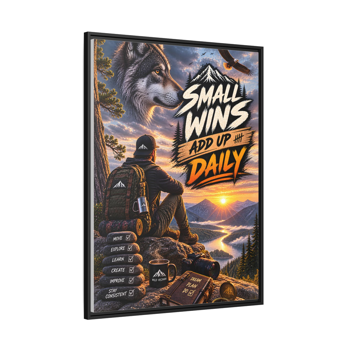 Small Wins Add Up Daily Framed Canvas Wall Art — Motivational Hiking Print