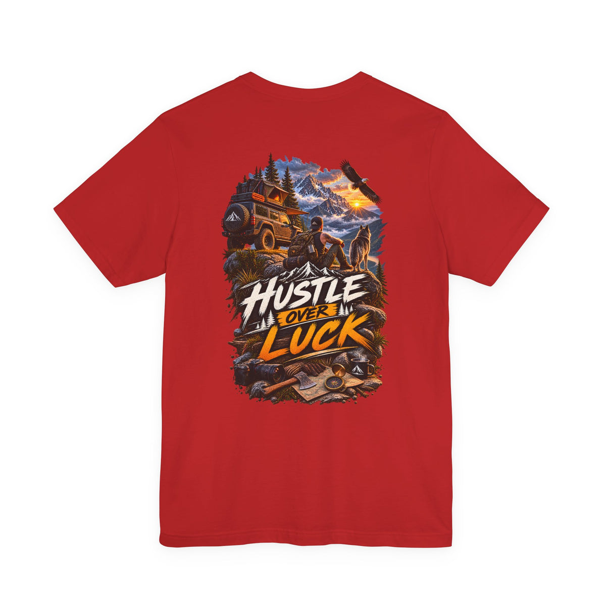 Hustle Over Luck Graphic Tee — Adventure Motivation Mountain T-Shirt