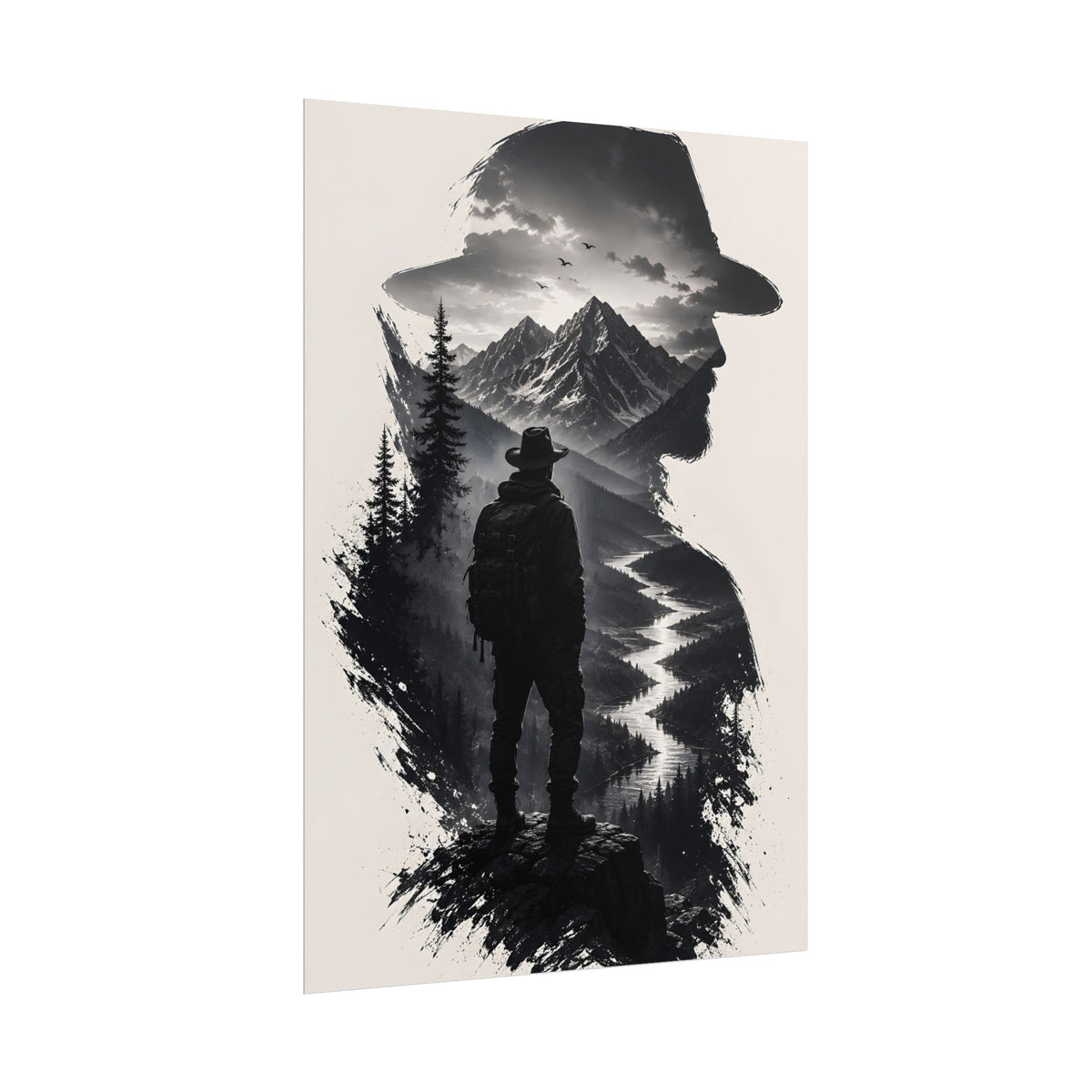Adventure Silhouette Poster — Hiker, Mountains & River Rolled Wall Art