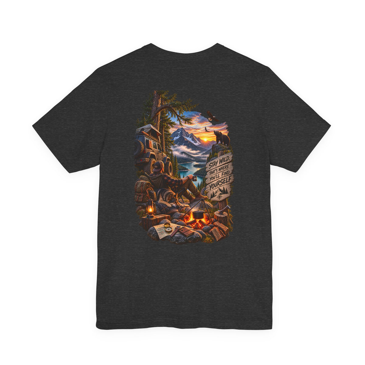 Camping Scene Backprint Tee — 'Stay Wild' Mountain Campfire Graphic T‑Shirt