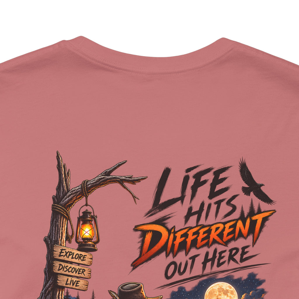 Adventure Campfire T-Shirt — “Life Hits Different Out Here” Graphic Tee