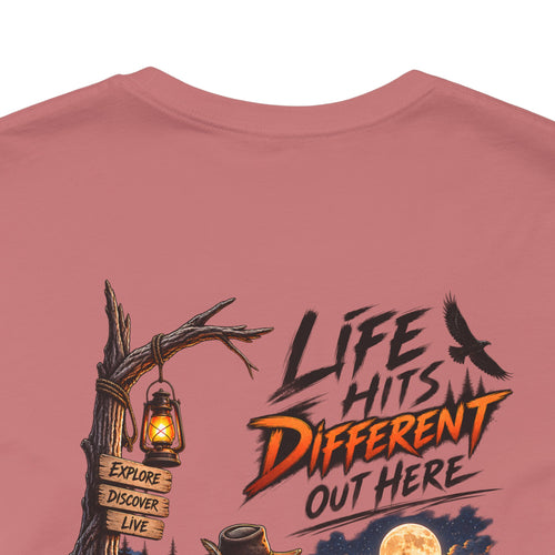 Adventure Campfire T-Shirt — “Life Hits Different Out Here” Graphic Tee