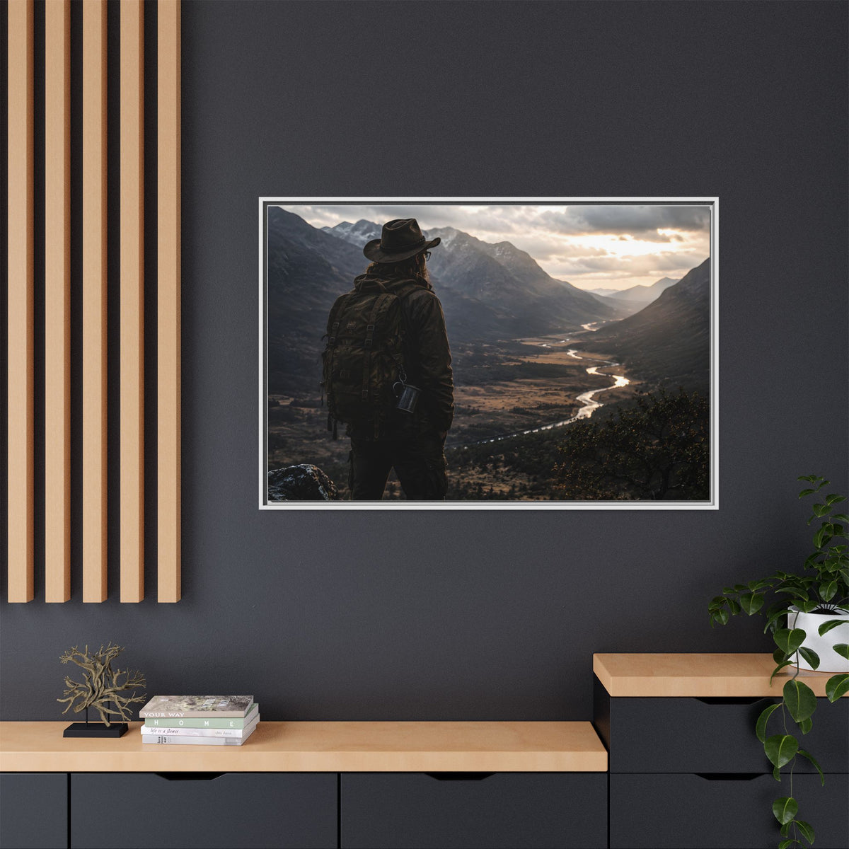 Wanderer in the Valley Matte Framed Canvas – Adventure Landscape Wall Art