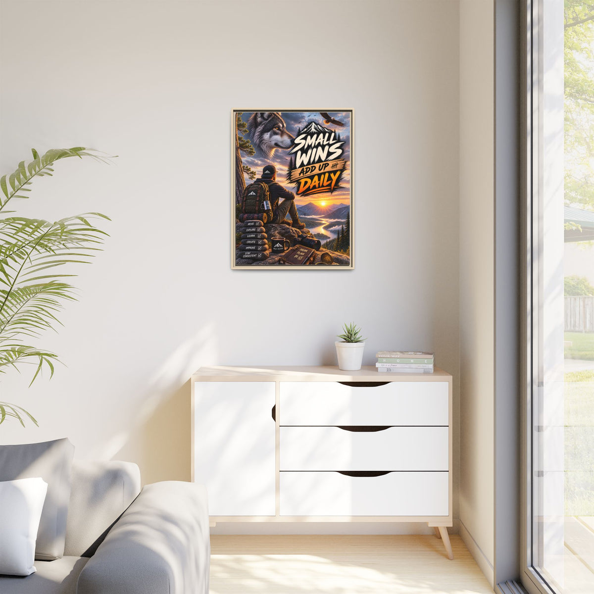 Small Wins Add Up Daily Framed Canvas Wall Art — Motivational Hiking Print