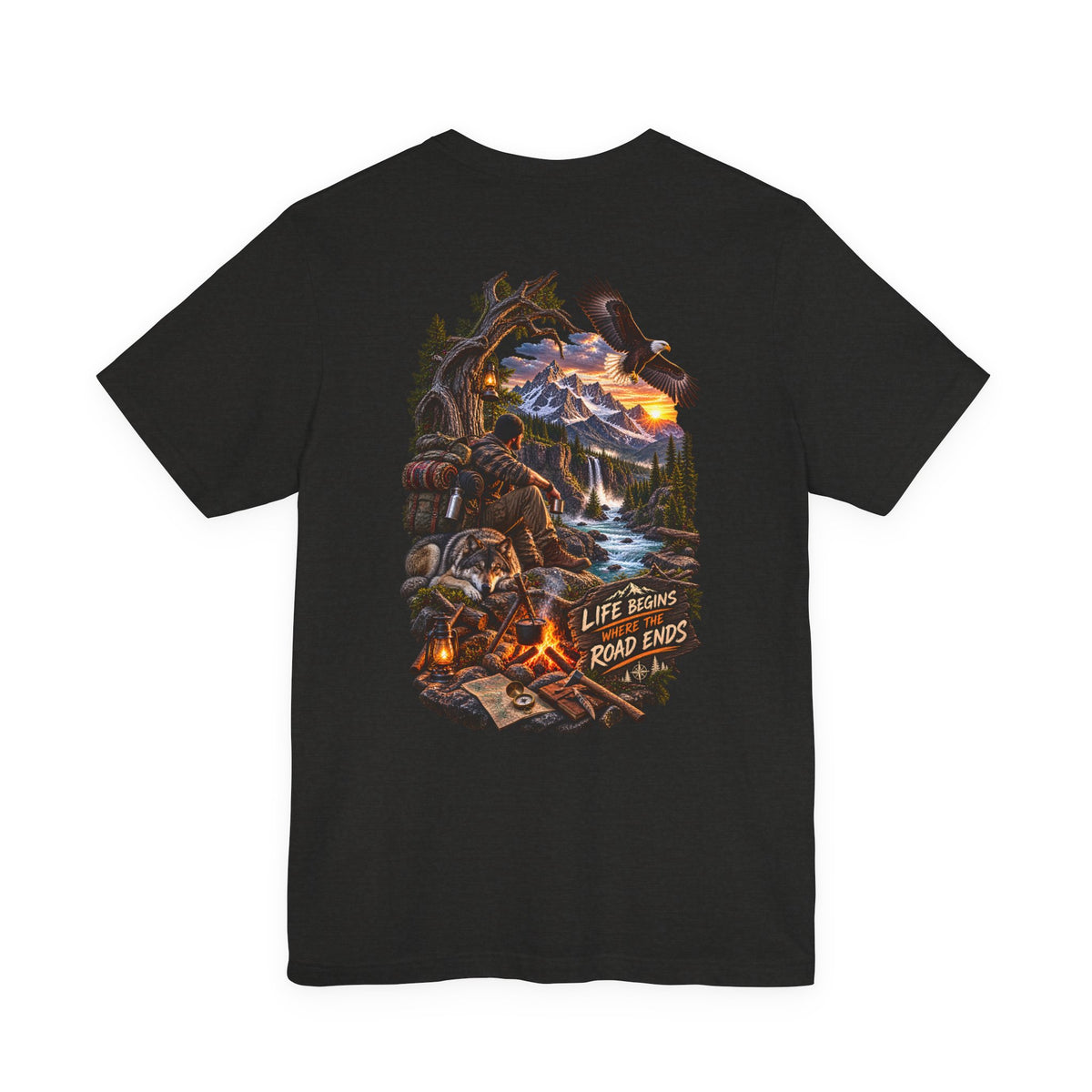 Adventure Campfire Tee — Life Begins Where the Road Ends Graphic T-Shirt