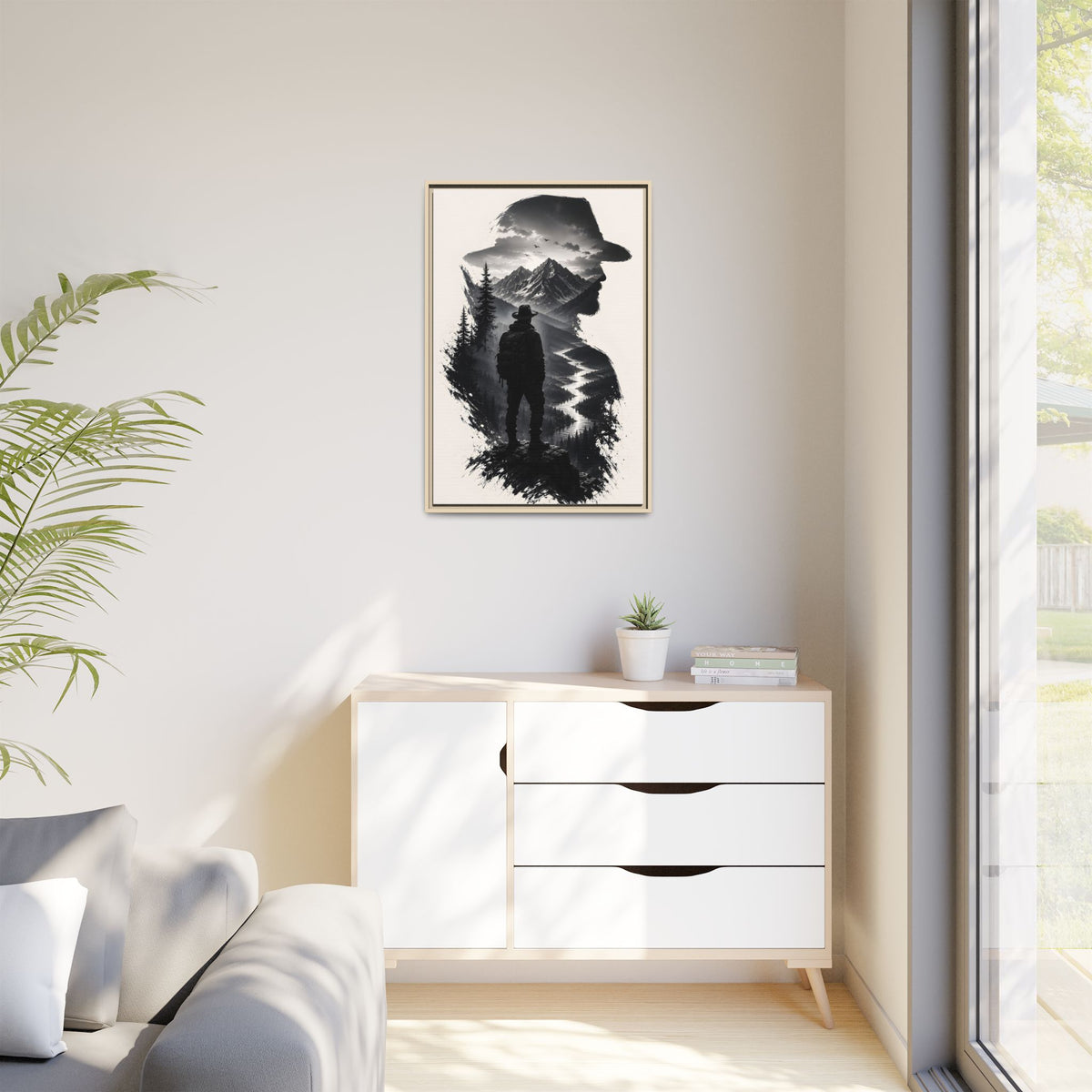 Adventure Silhouette Matte Canvas Framed Print — Mountain Hiker Double Exposure Wall Art