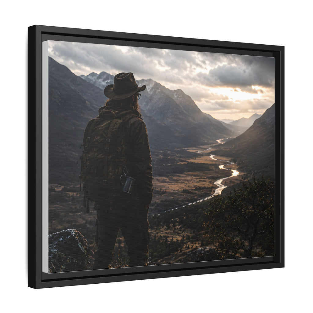Wanderer in the Valley Matte Framed Canvas – Adventure Landscape Wall Art
