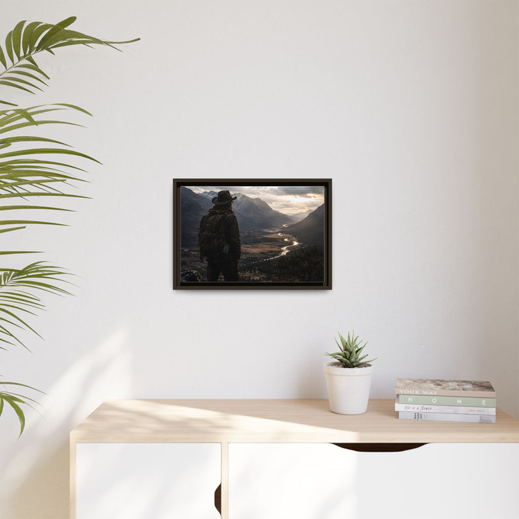 Wanderer in the Valley Matte Framed Canvas – Adventure Landscape Wall Art