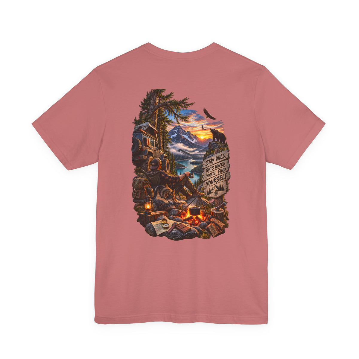 Camping Scene Backprint Tee — 'Stay Wild' Mountain Campfire Graphic T‑Shirt