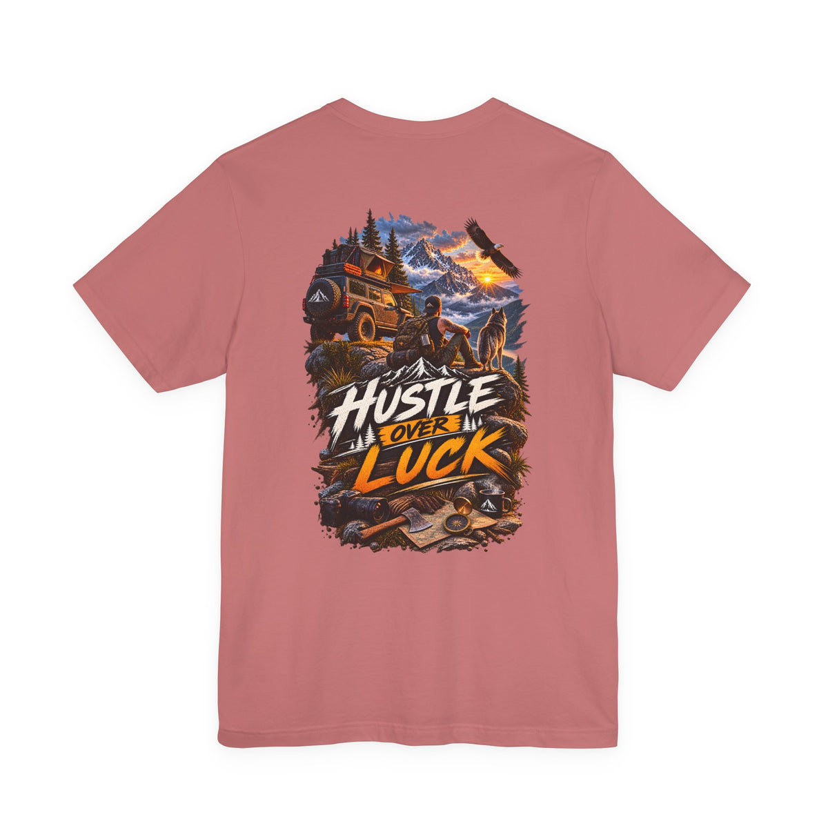Hustle Over Luck Graphic Tee — Adventure Motivation Mountain T-Shirt