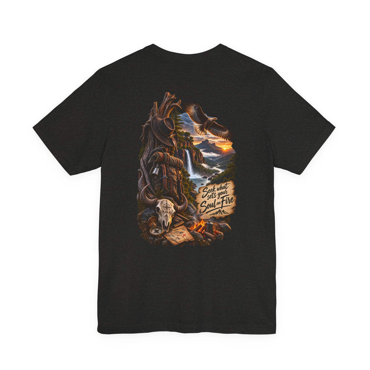 Western Wilderness T‑Shirt — “Seek the Sun, Find the Fire” Scenic Eagle & Skull Tee