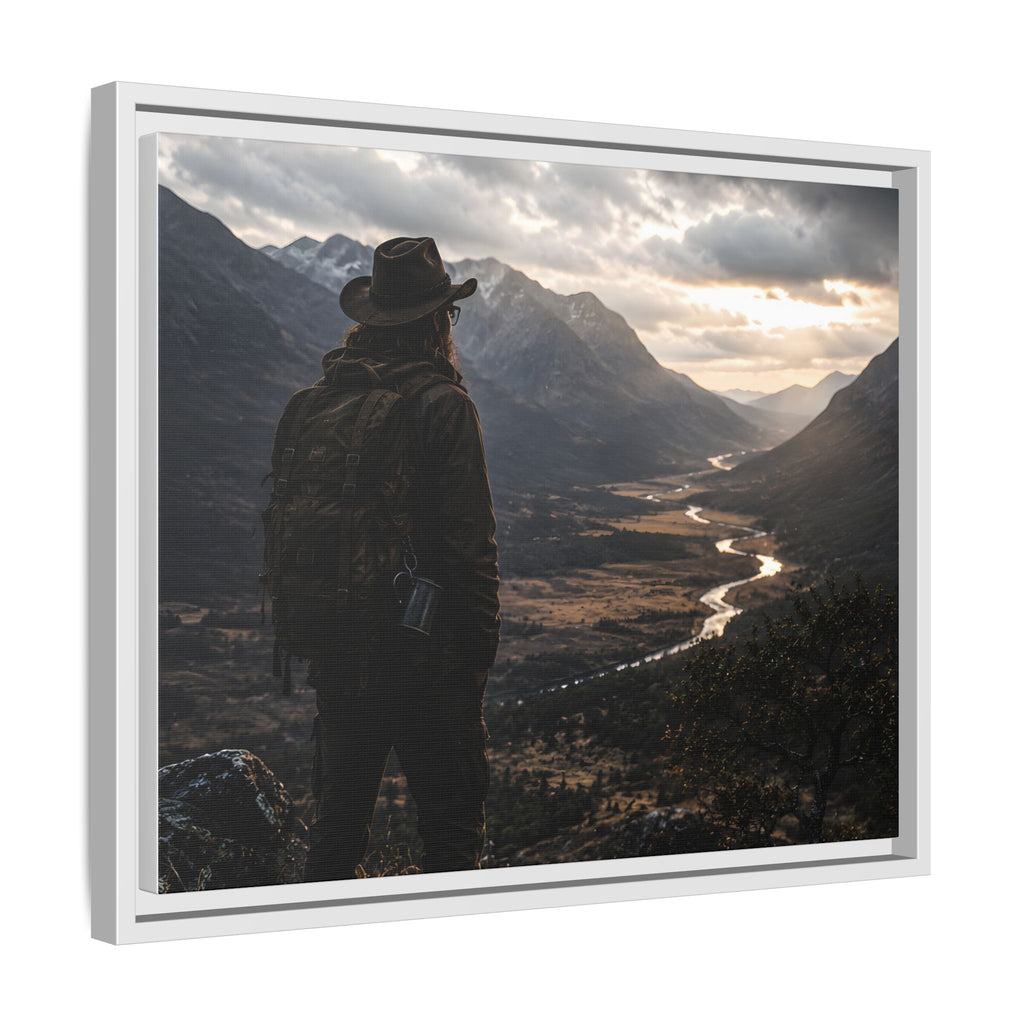 Wanderer in the Valley Matte Framed Canvas – Adventure Landscape Wall Art
