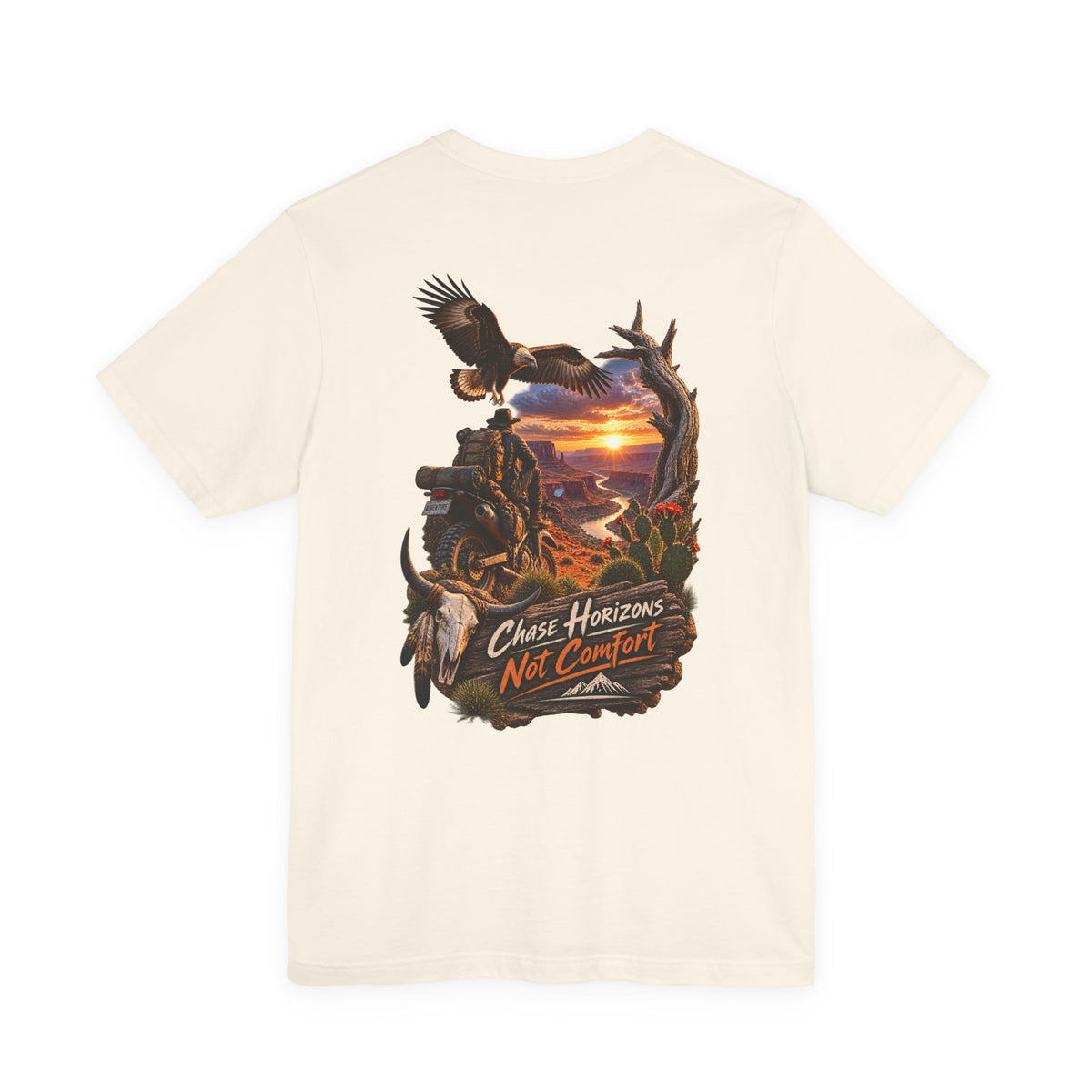 Chase Horizons Not Comfort T-Shirt — Adventure Motorcycle Sunset Graphic Tee