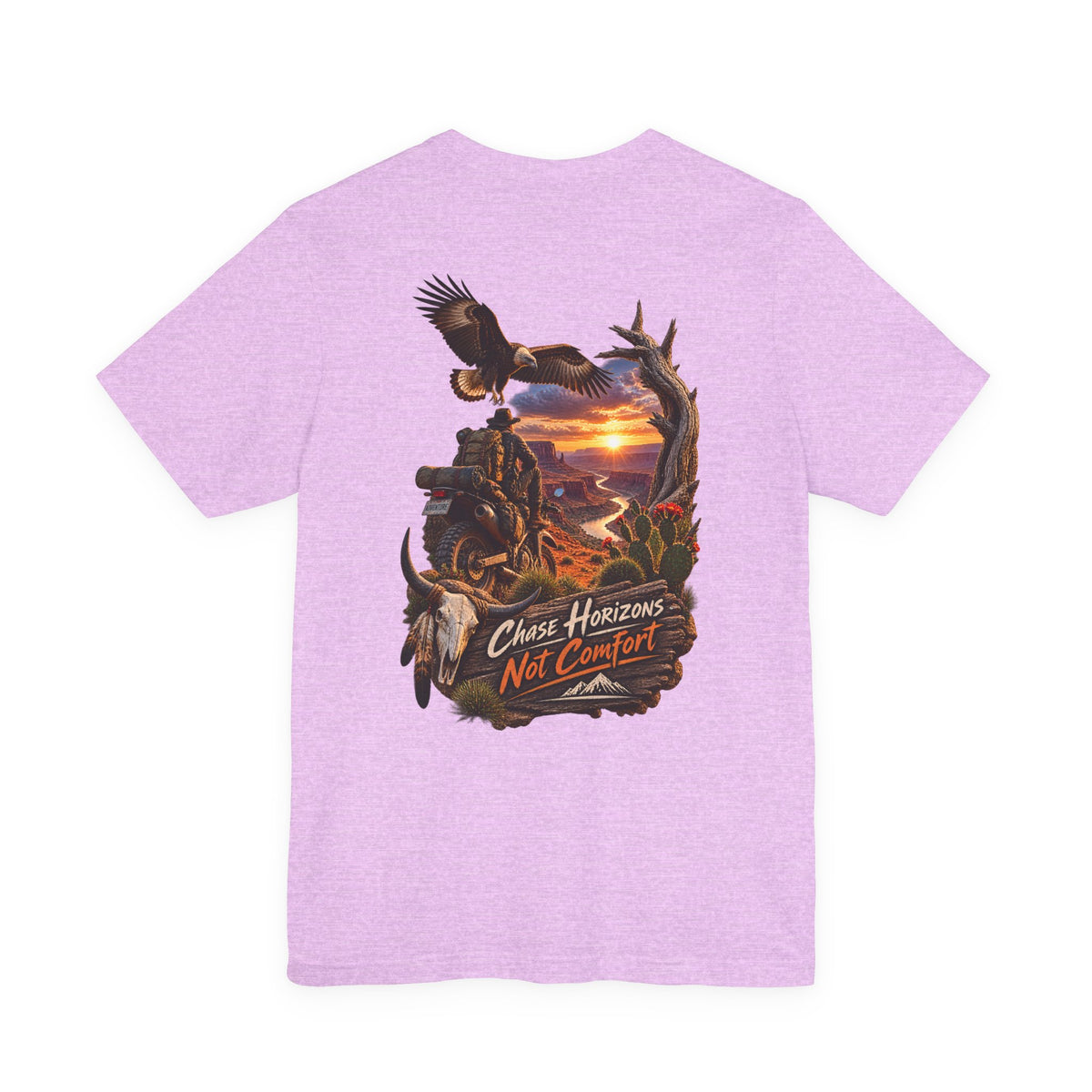Chase Horizons Not Comfort T-Shirt — Adventure Motorcycle Sunset Graphic Tee