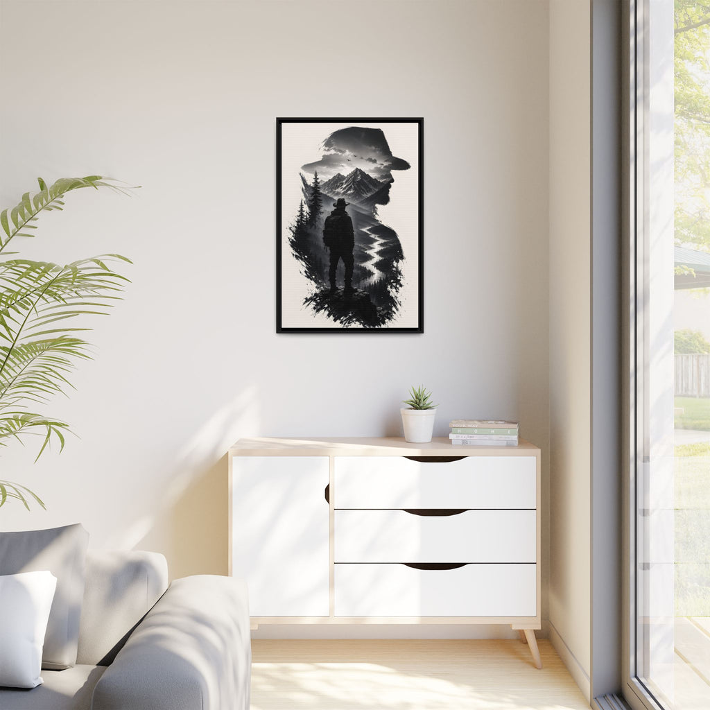 Adventure Silhouette Matte Canvas Framed Print — Mountain Hiker Double Exposure Wall Art