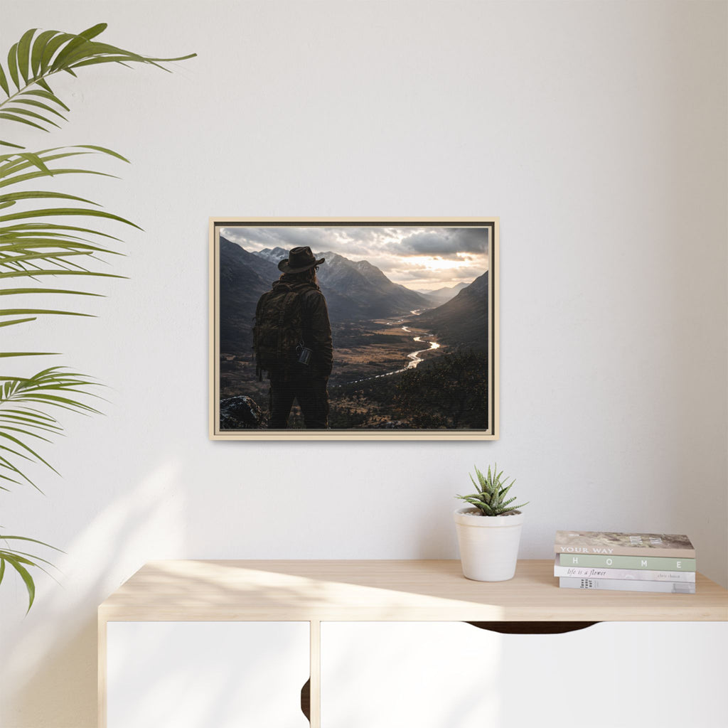 Wanderer in the Valley Matte Framed Canvas – Adventure Landscape Wall Art