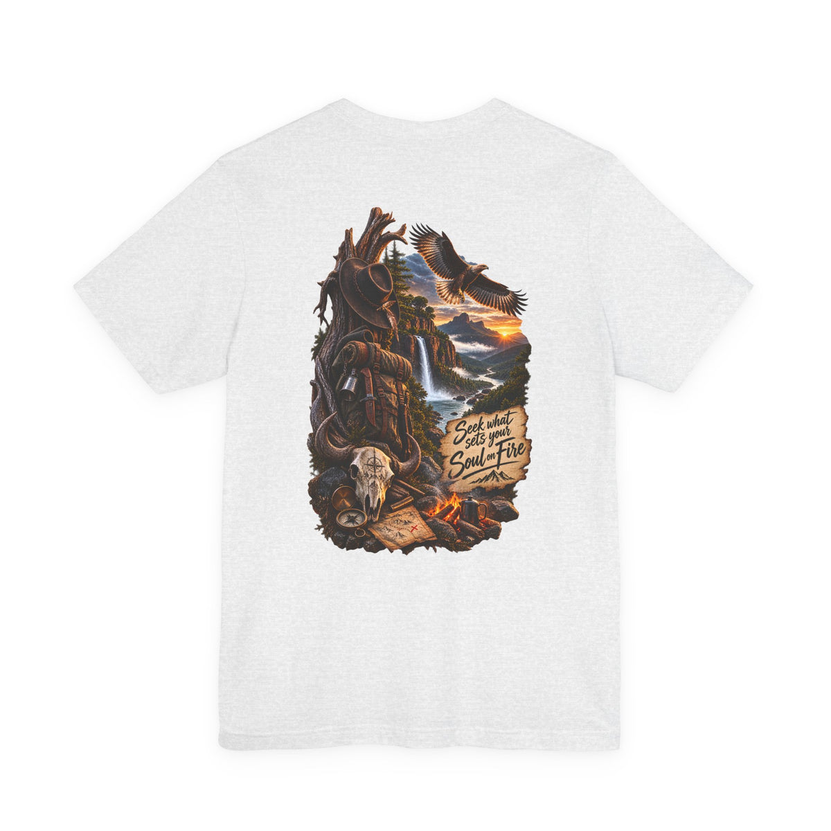 Western Wilderness T‑Shirt — “Seek the Sun, Find the Fire” Scenic Eagle & Skull Tee