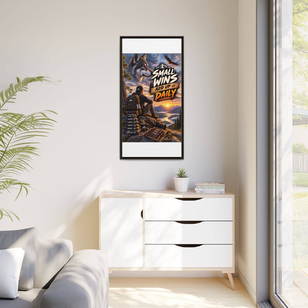 Small Wins Add Up Daily Framed Canvas Wall Art — Motivational Hiking Print