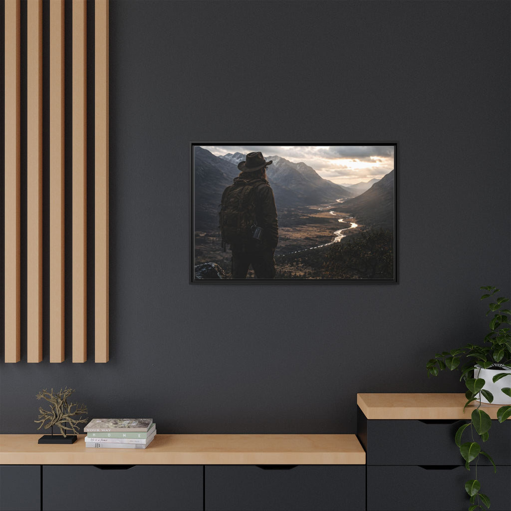 Wanderer in the Valley Matte Framed Canvas – Adventure Landscape Wall Art