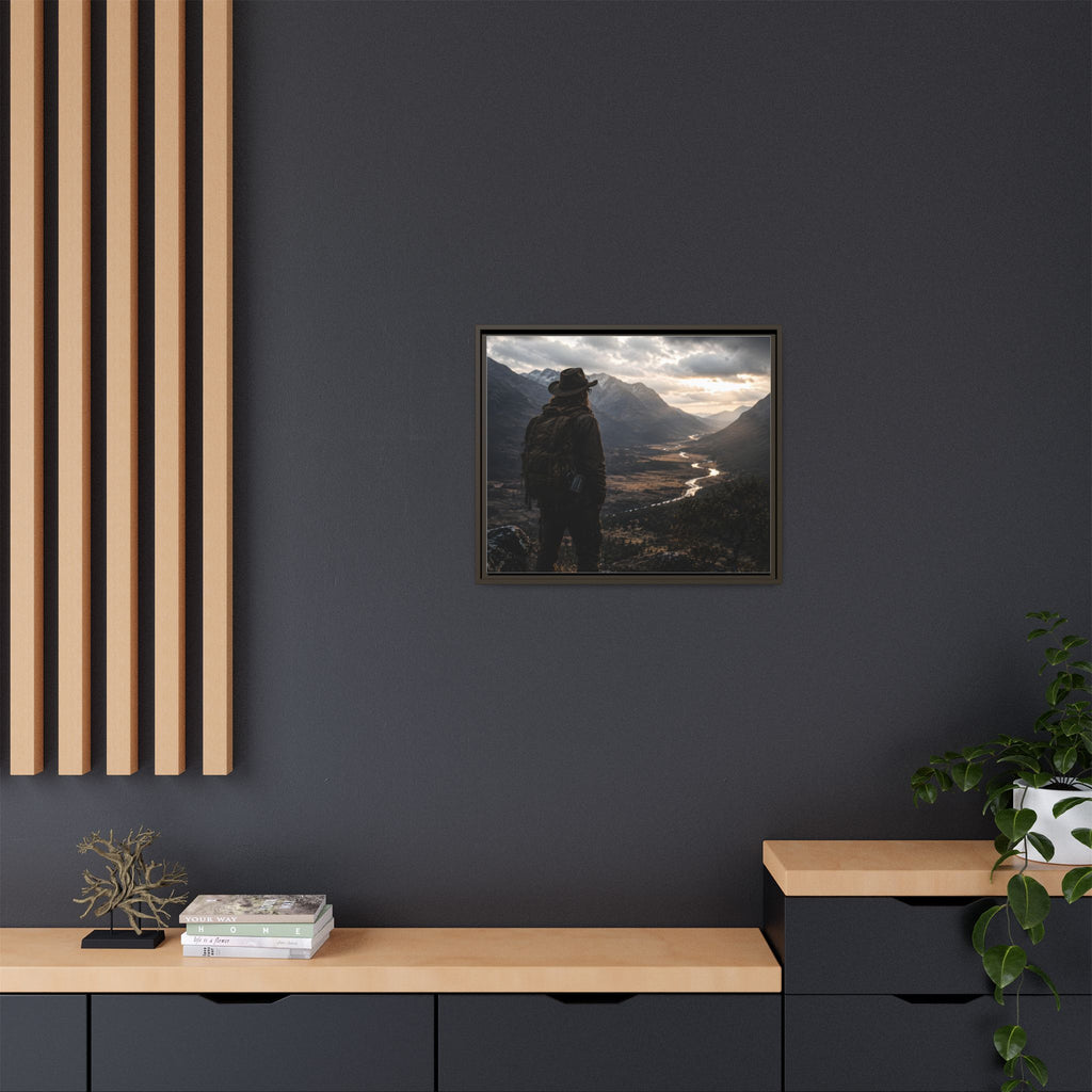 Wanderer in the Valley Matte Framed Canvas – Adventure Landscape Wall Art