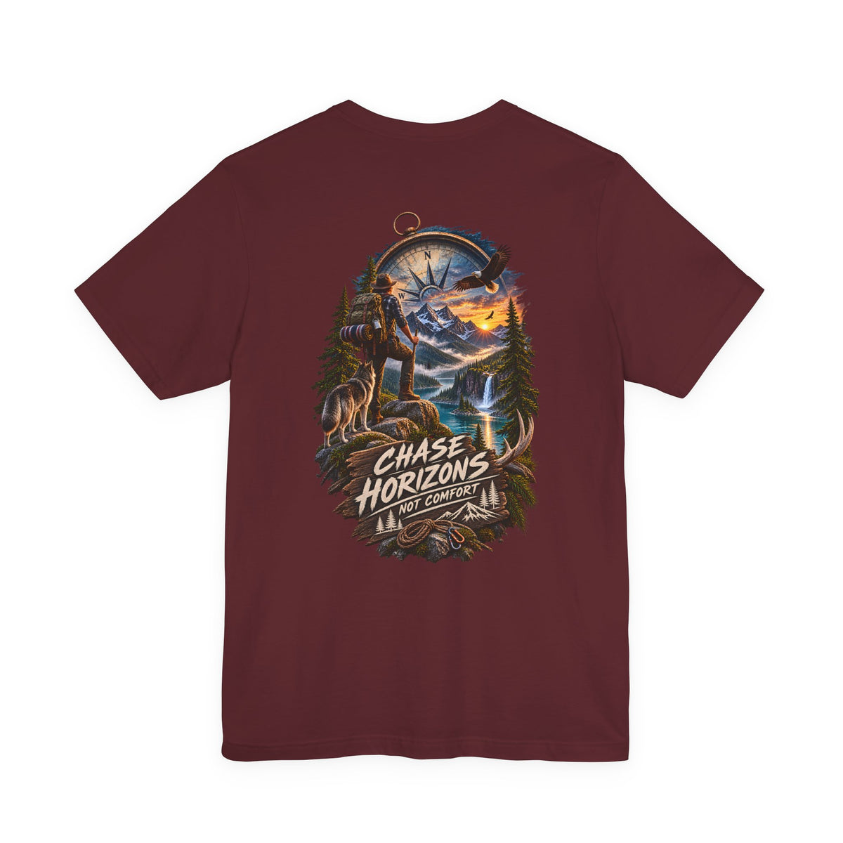Chase Horizons Adventure T-Shirt — Scenic Back Graphic with 'Chase Horizons, Not Comfort'