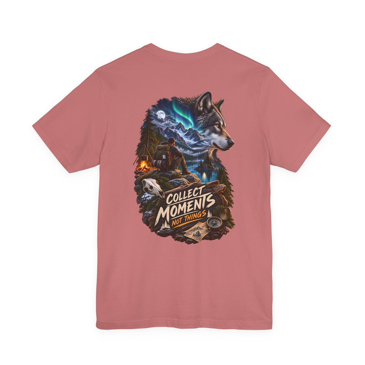 Wolf Graphic Tee – "Collect Moments Not Things" Adventure T-Shirt