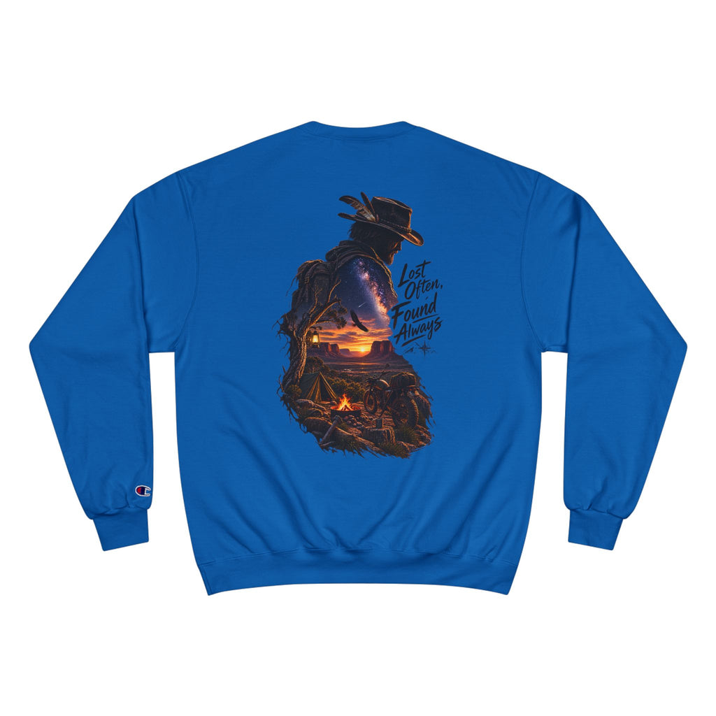 Adventure Champion Sweatshirt — 'Lost Often, Found Always' Mountain Graphic Crewneck