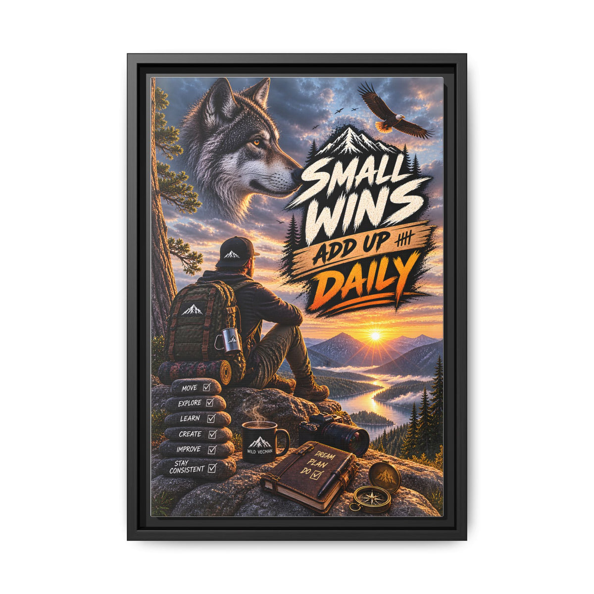 Small Wins Add Up Daily Framed Canvas Wall Art — Motivational Hiking Print