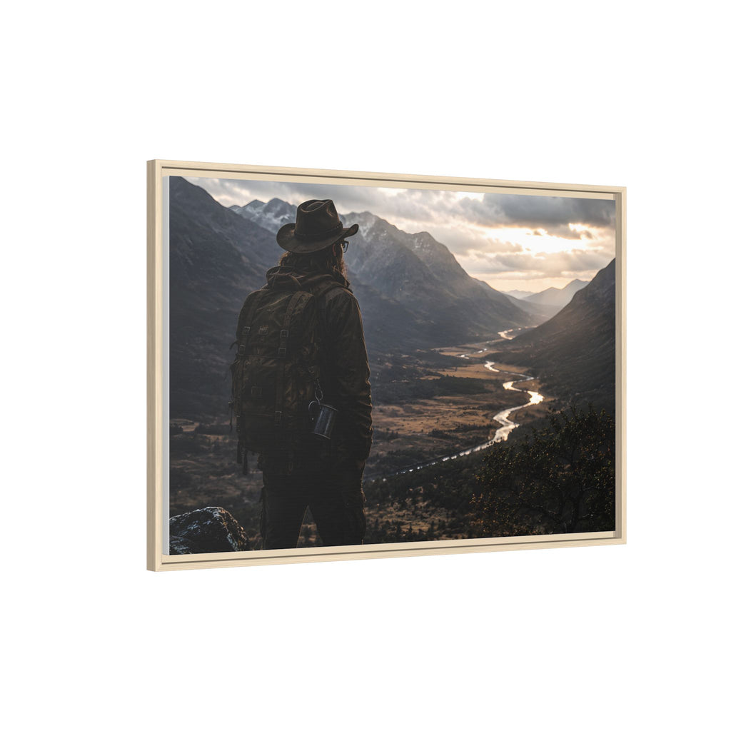 Wanderer in the Valley Matte Framed Canvas – Adventure Landscape Wall Art