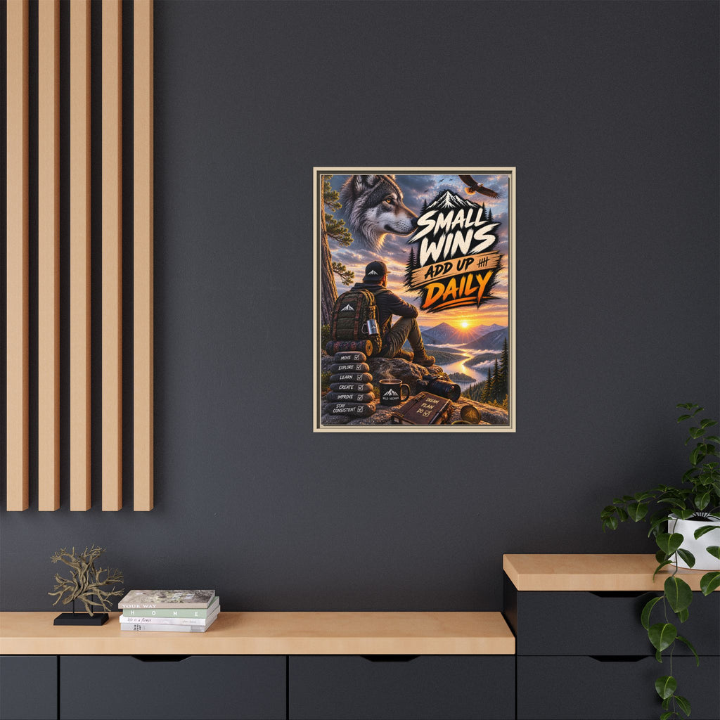 Small Wins Add Up Daily Framed Canvas Wall Art — Motivational Hiking Print