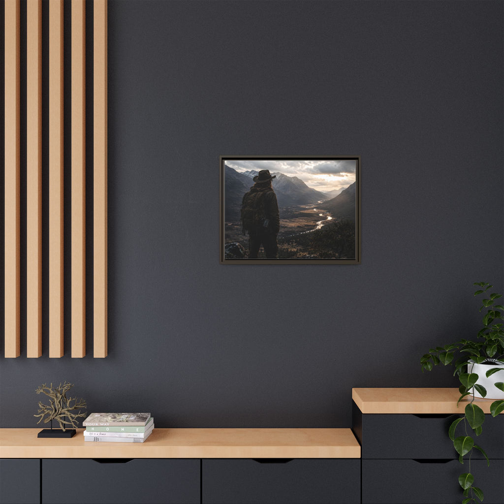 Wanderer in the Valley Matte Framed Canvas – Adventure Landscape Wall Art
