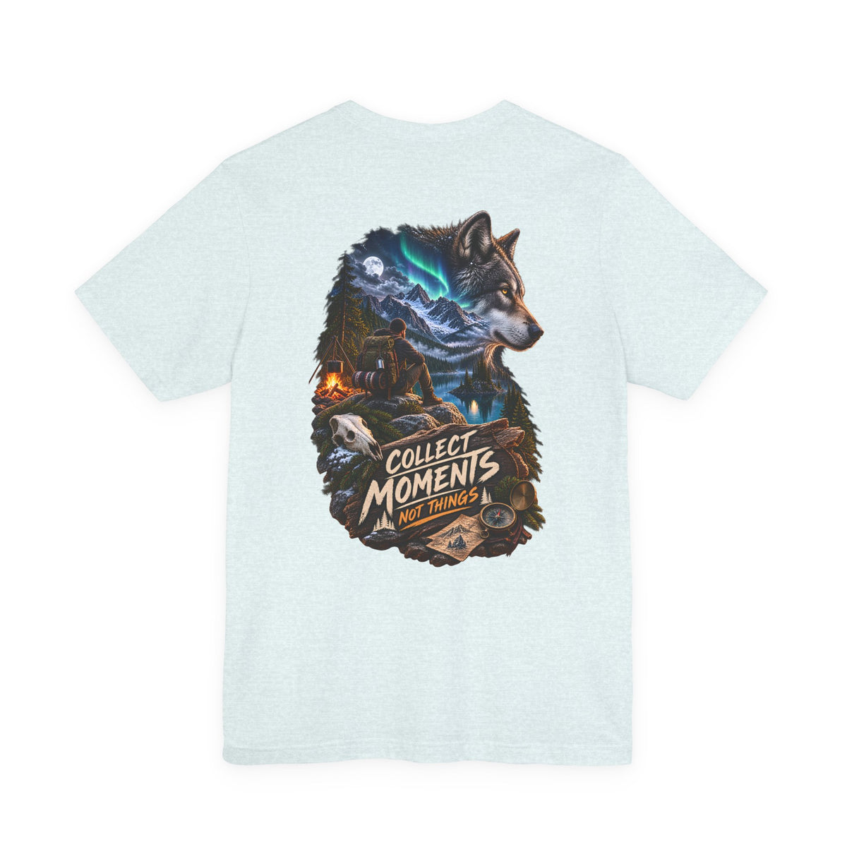 Wolf Graphic Tee – "Collect Moments Not Things" Adventure T-Shirt