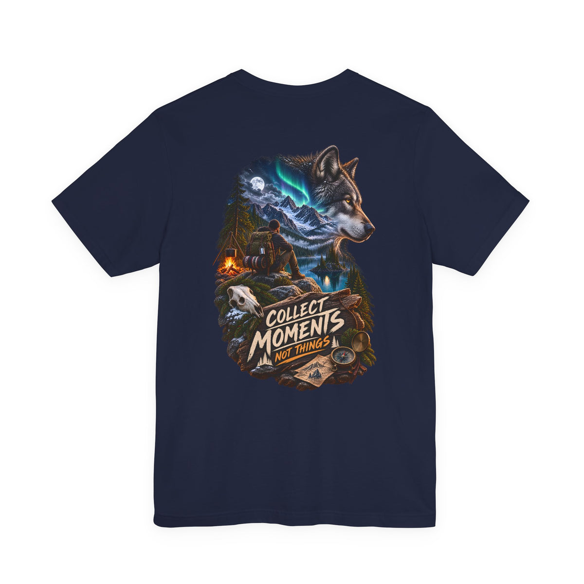 Wolf Graphic Tee – "Collect Moments Not Things" Adventure T-Shirt