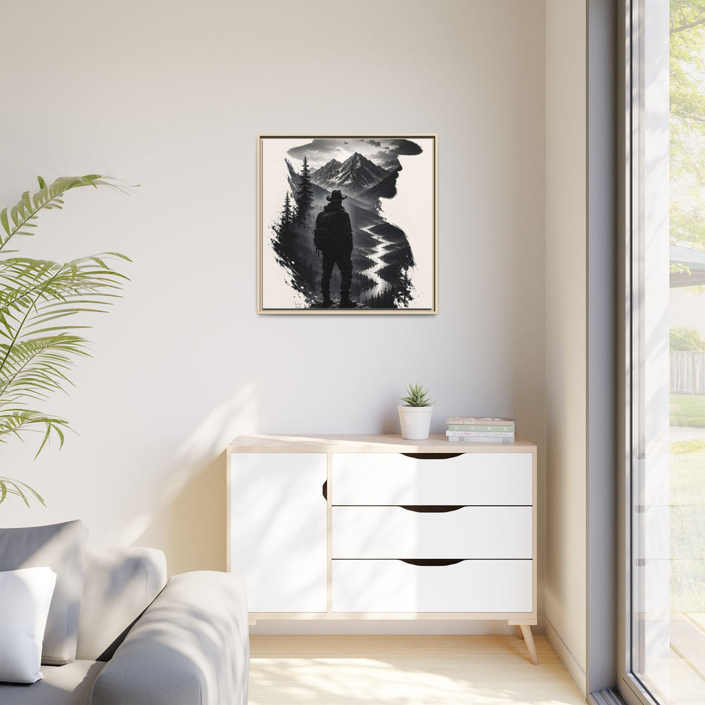 Adventure Silhouette Matte Canvas Framed Print — Mountain Hiker Double Exposure Wall Art