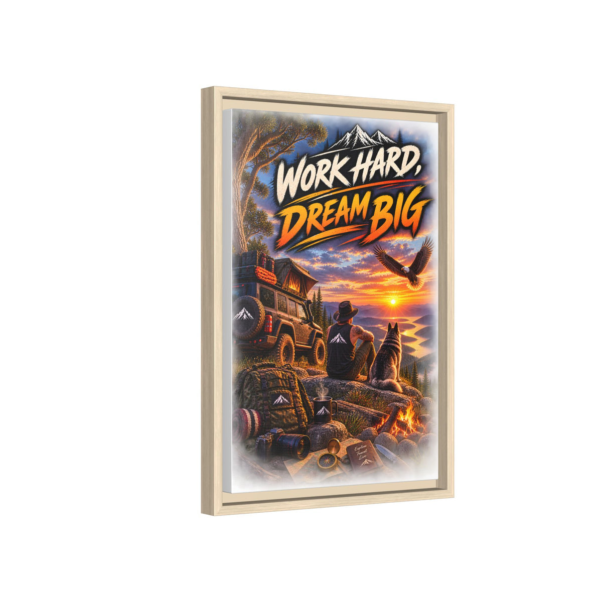 Work Hard Dream Big Framed Canvas Print — Inspirational Camping Sunset Wall Art