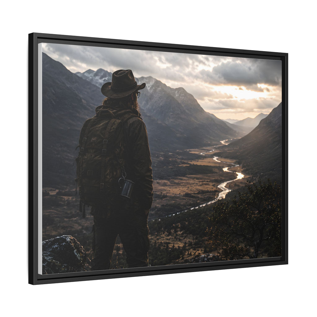 Wanderer in the Valley Matte Framed Canvas – Adventure Landscape Wall Art