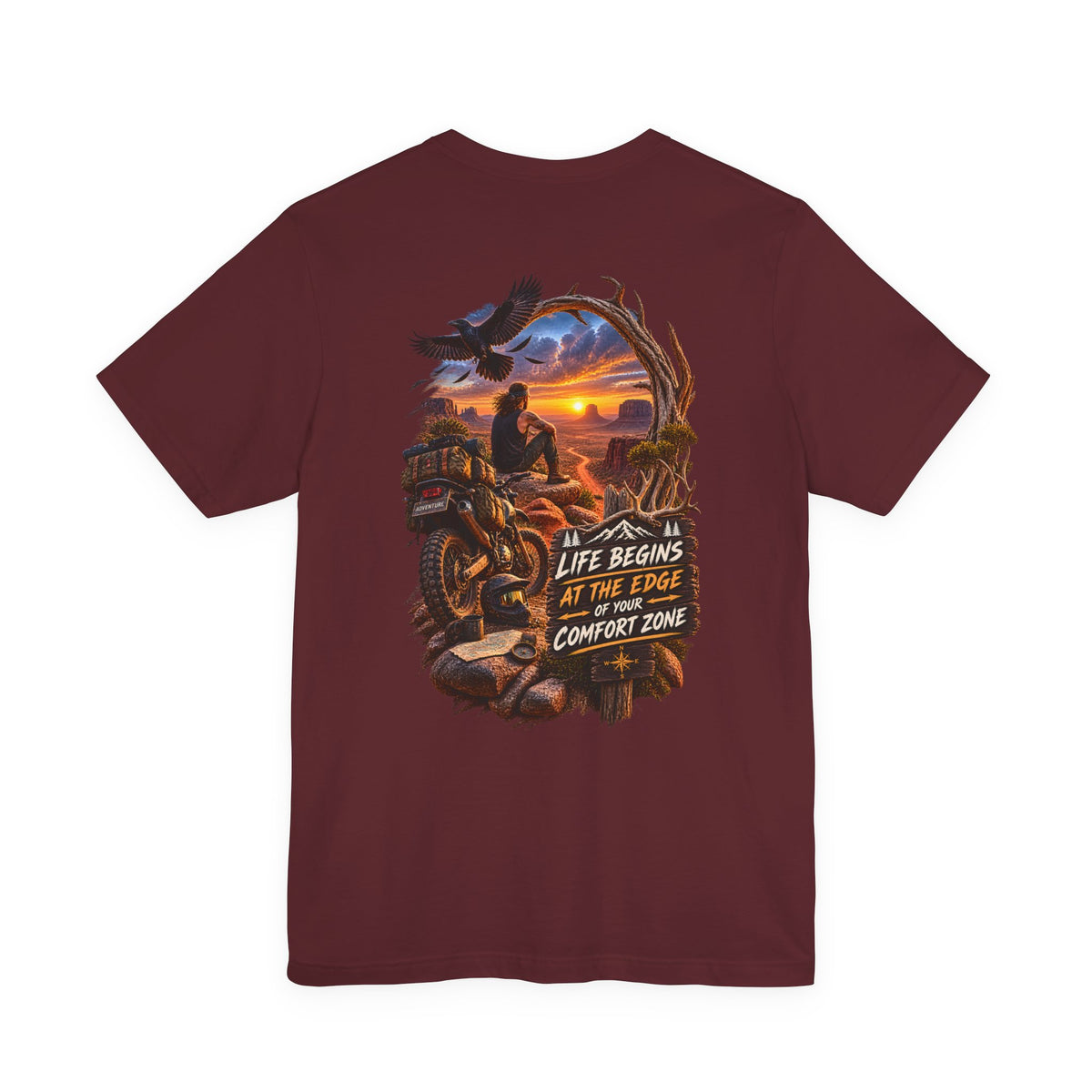Adventure Motorcycle Tee — "Life Begins at the Edge of Your Comfort Zone"
