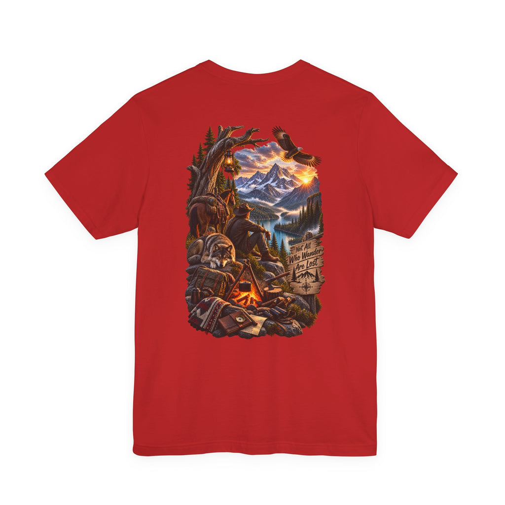 Imprimé de t-shirt avec scène de feu de camp en montagne