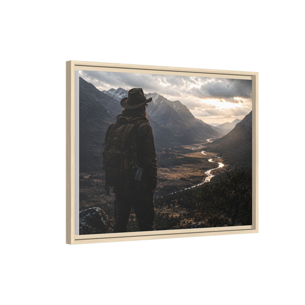 Wanderer in the Valley Matte Framed Canvas – Adventure Landscape Wall Art